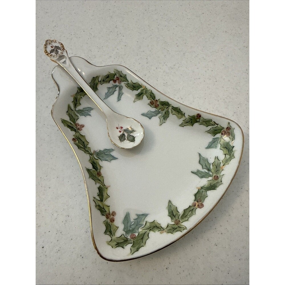 Vtg Green Gold Pottery Art Ceramic Bell Shaped & Leaves Hand Painted Dish Signed